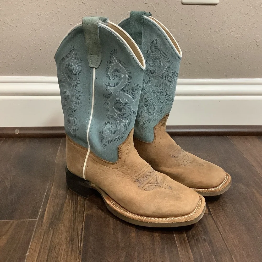 Cody James Youth Western Boots Tan Leather Blue Suede Square Toe Size 2.0D
